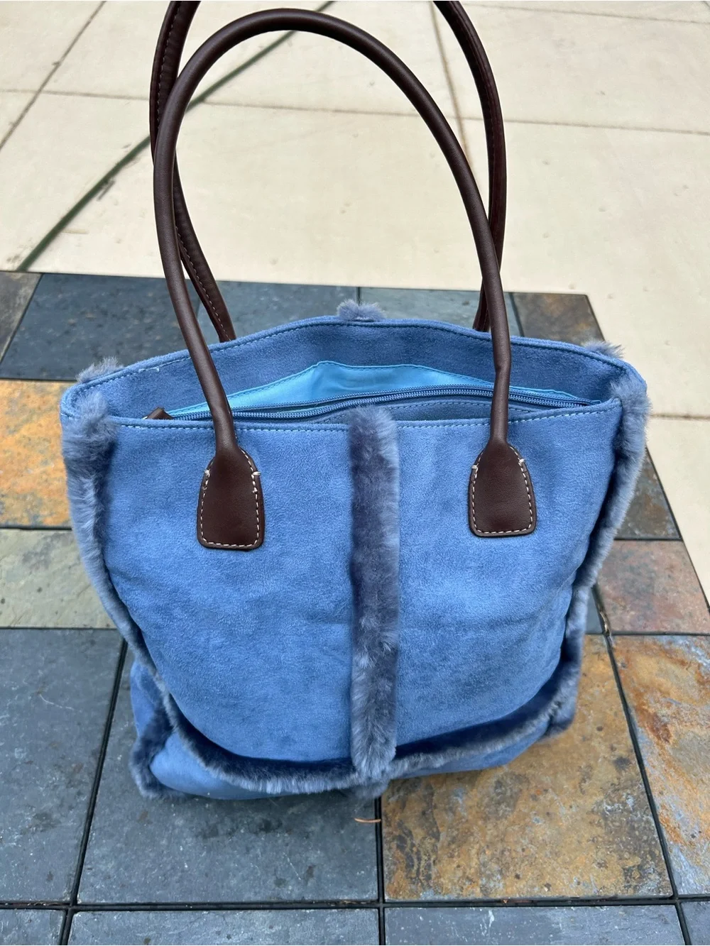 Blue Faux-Suede Tote Bag with Fur Trim Liz Clairborne
